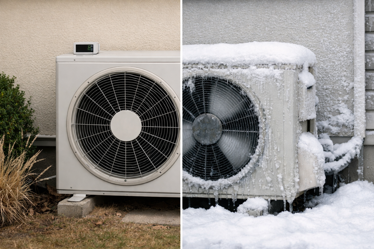 Pompe à chaleur en hiver avec indicateur de surconsommation énergétique et système de chauffage domestique