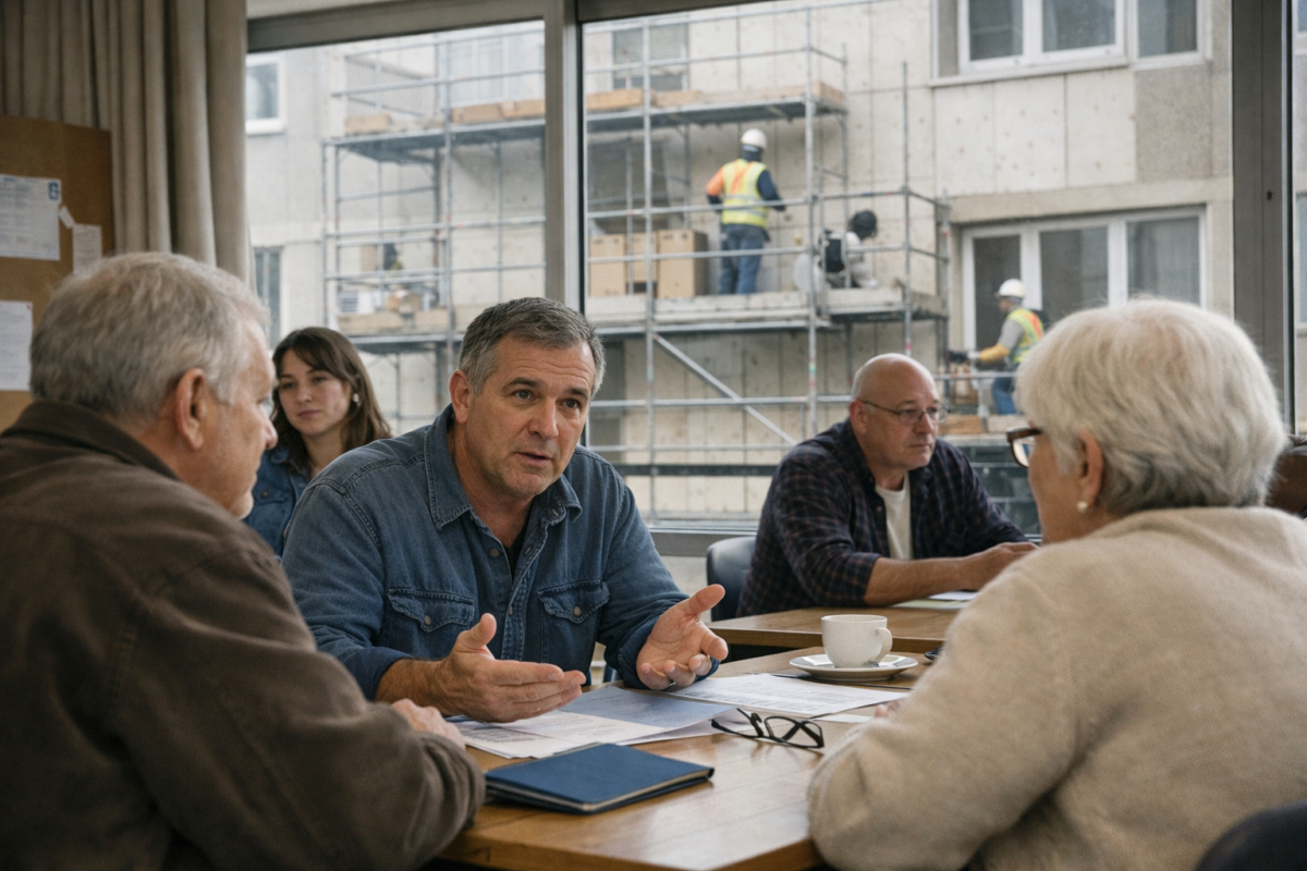 Homme gesticulant pendant réunion, ouvriers sur échafaudage