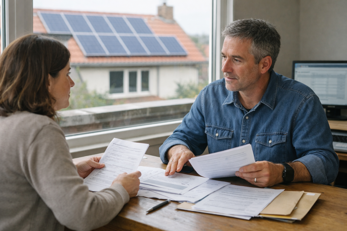 Conseiller et cliente discutent papiers, maison avec panneaux solaires