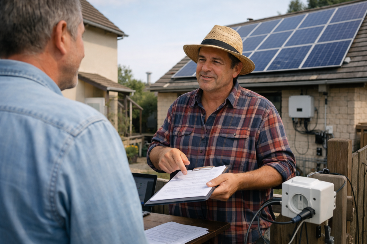 Homme en chapeau tenant un dossier devant panneaux solaires