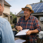 Homme en chapeau tenant un dossier devant panneaux solaires