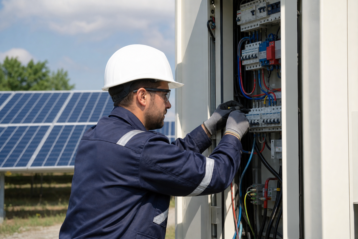 Technicien en casque ajustant un coffret électrique solaire