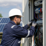 Technicien en casque ajustant un coffret électrique solaire