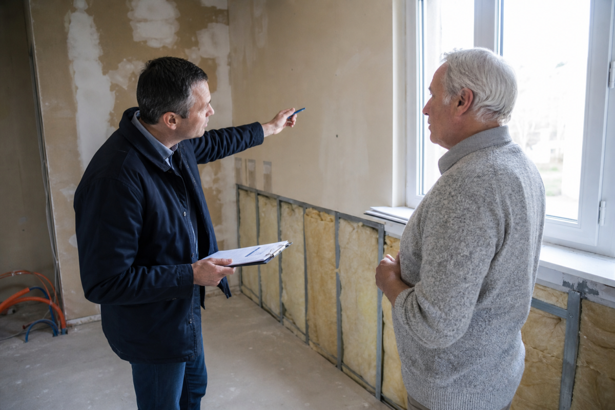Inspecteur montrant l'isolation murale près d'une fenêtre
