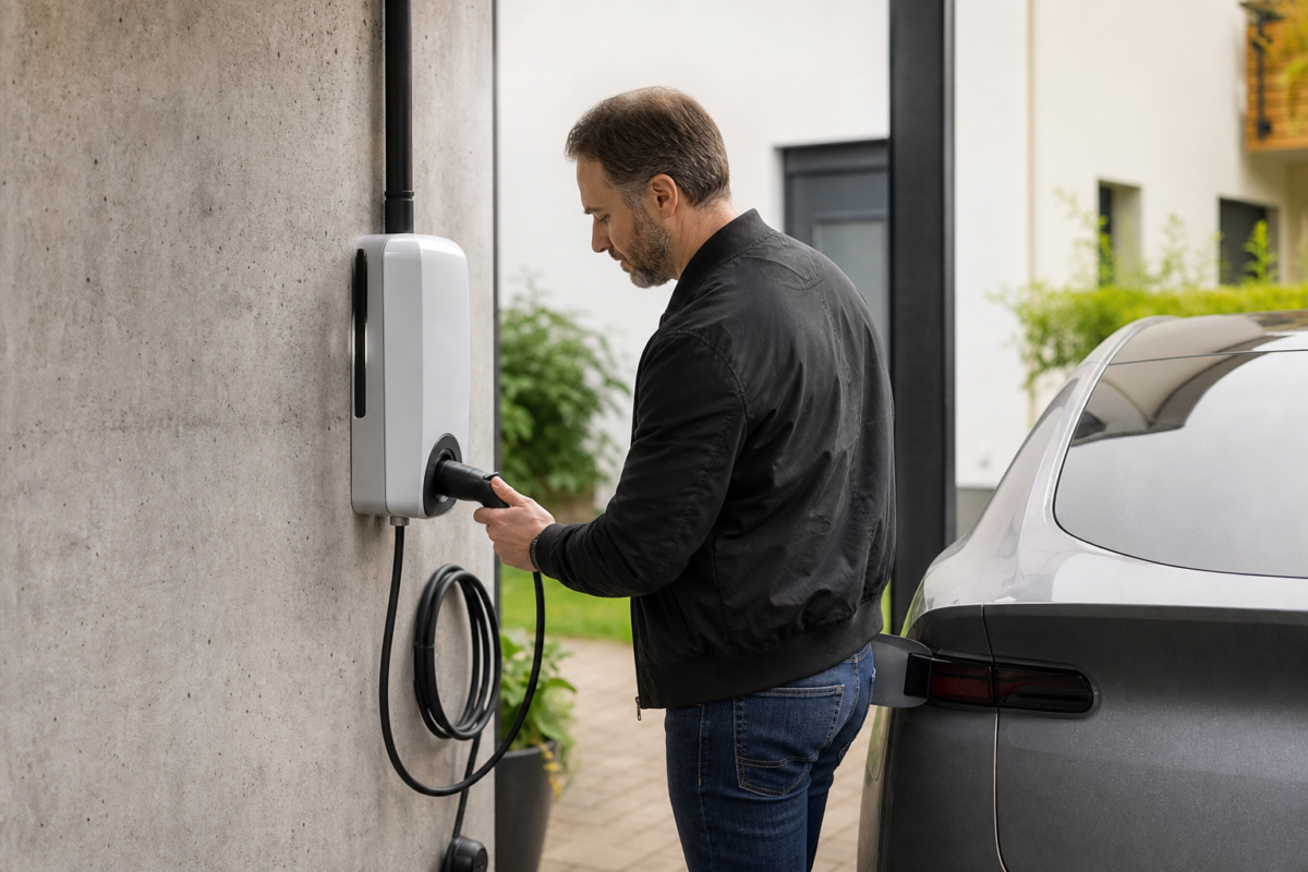 Homme branchant une borne de recharge sur une voiture électrique