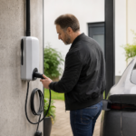 Homme branchant une borne de recharge sur une voiture électrique